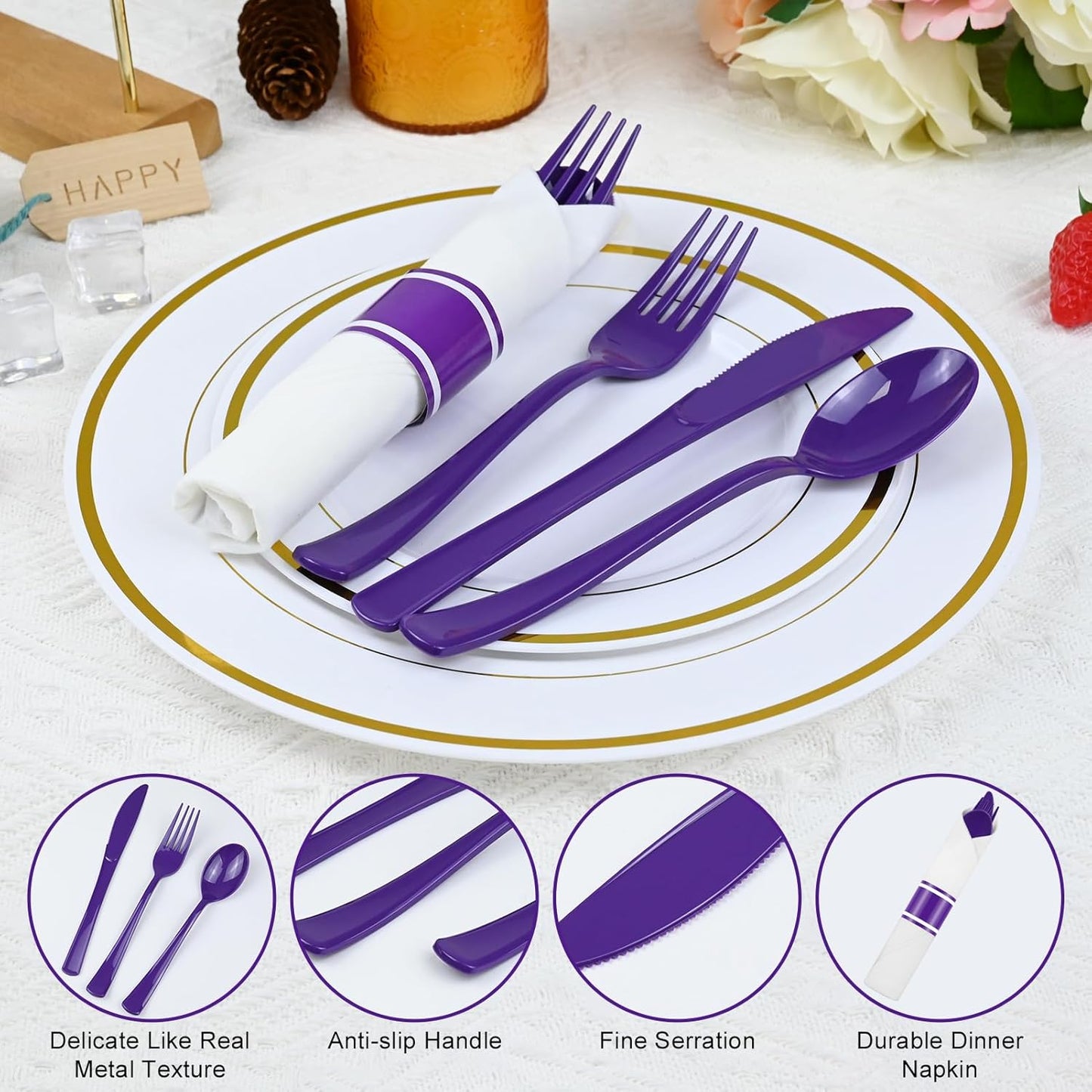 100 Pack Pre Rolled Purple Plastic Silverware with Napkins - Disposable Cutlery Set with Forks, Knives, Spoons & Linen-Like Dinner Napkins, Wrapped Plastic Utensils for Weddings, Parties & Events