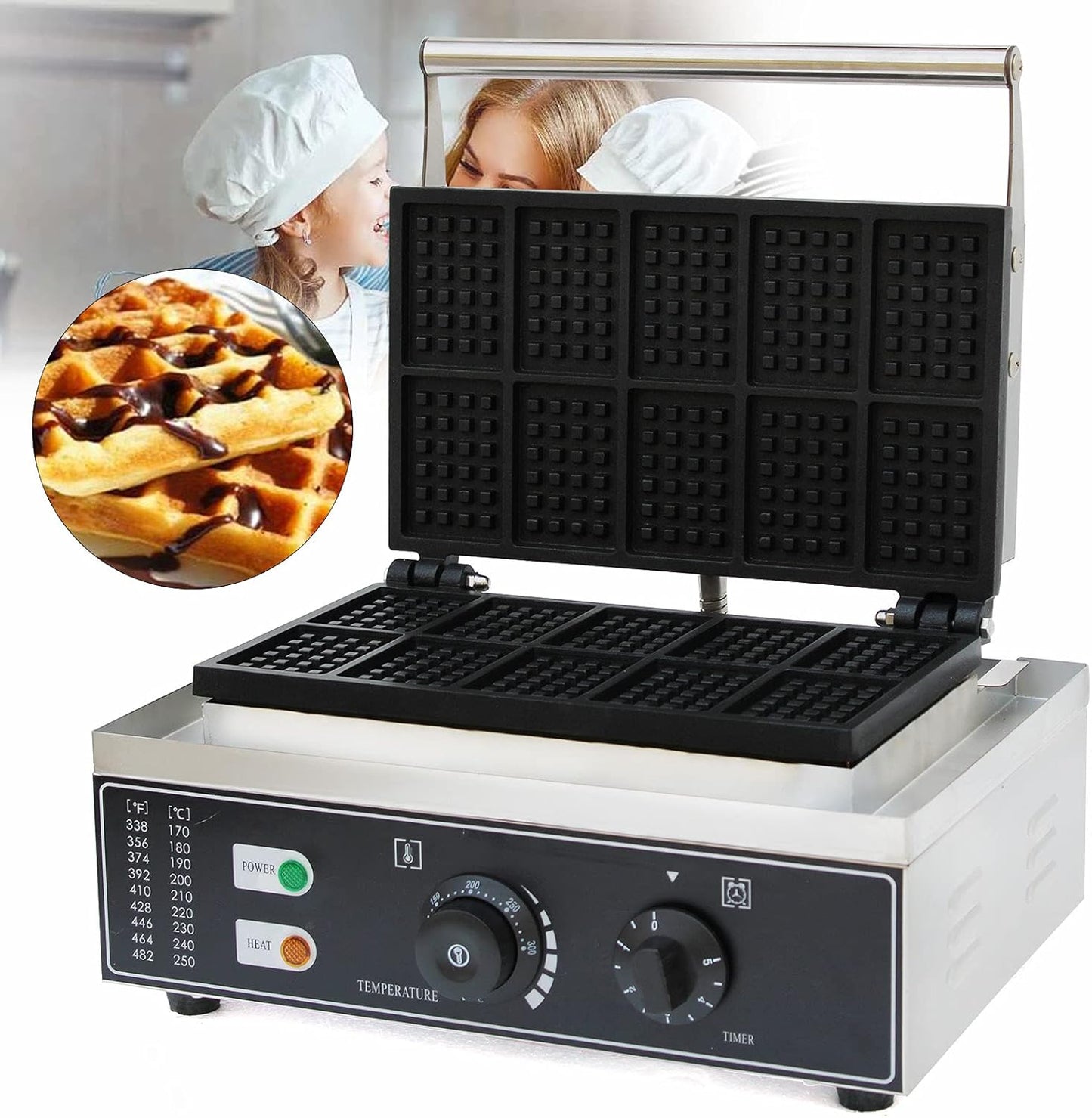 10pcs Commercial Waffle Maker Electric Waffle Machine 110V Temperature 122-572℉,No-Stick Belgian Waffle Baker for Restaurant and Home Use