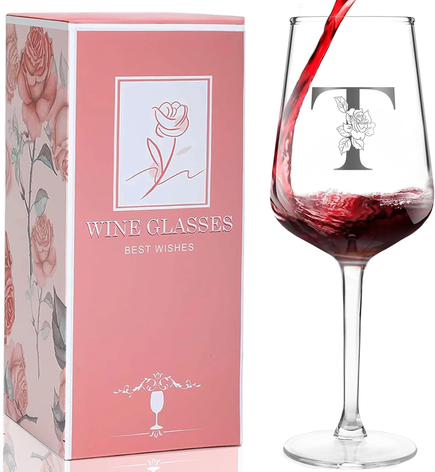 Personalized Wine Glass Gifts for Women, Monogrammed A-Z Wine Glass with Gift Box & Greeting Card, Customized Wine Glasses Initial Wine Glasses Gift for Birthday, Mothers Day, Best Friend, Sister (T)