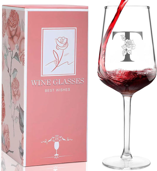 Personalized Wine Glass Gifts for Women, Monogrammed A-Z Wine Glass with Gift Box & Greeting Card, Customized Wine Glasses Initial Wine Glasses Gift for Birthday, Mothers Day, Best Friend, Sister (T)