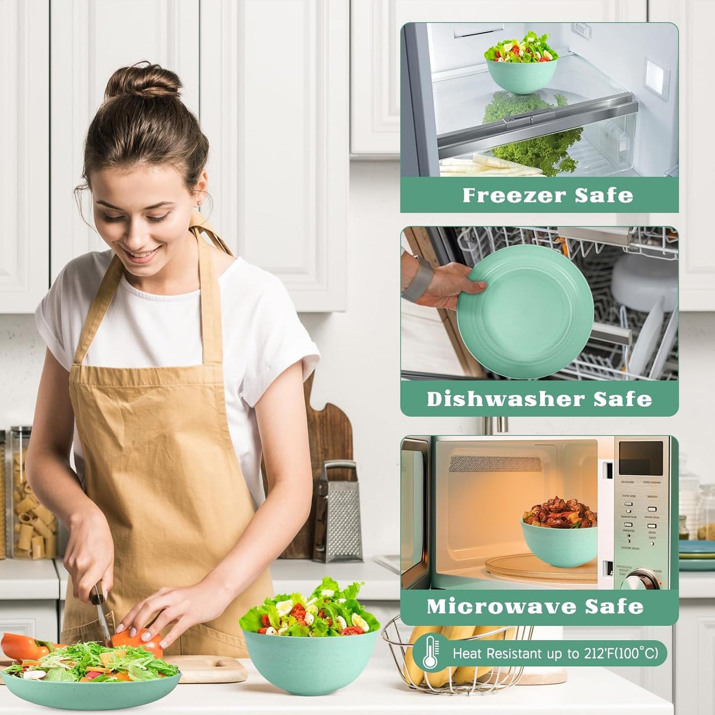 Kitchen Wheat Straw Dinnerware Sets (33pcs) Attached cleaning brush,Service For 8,Plastic Plates and Bowls Sets,Unbreakable Dinnerware,Lightweight Plastic Plate Set (Light green)