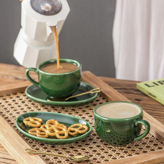 vicrays Ceramic Espresso Coffee Cups - 4 oz Porcelain Espresso Cups Set with Saucers Spoons and Metal Stand for Tea Cafe Cappuccino Latte - Set of 6 - Green