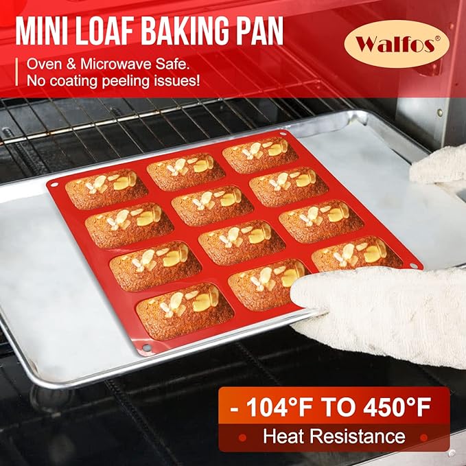 Walfos Silicone Mini Loaf pan, 12 Cavities Mini Bread Pan Brownie Pan, Food Grade & Non-stick, Ideal For Mini Bread, Brownie, Cornbread, Cheesecake & Chocolate, Set of 2