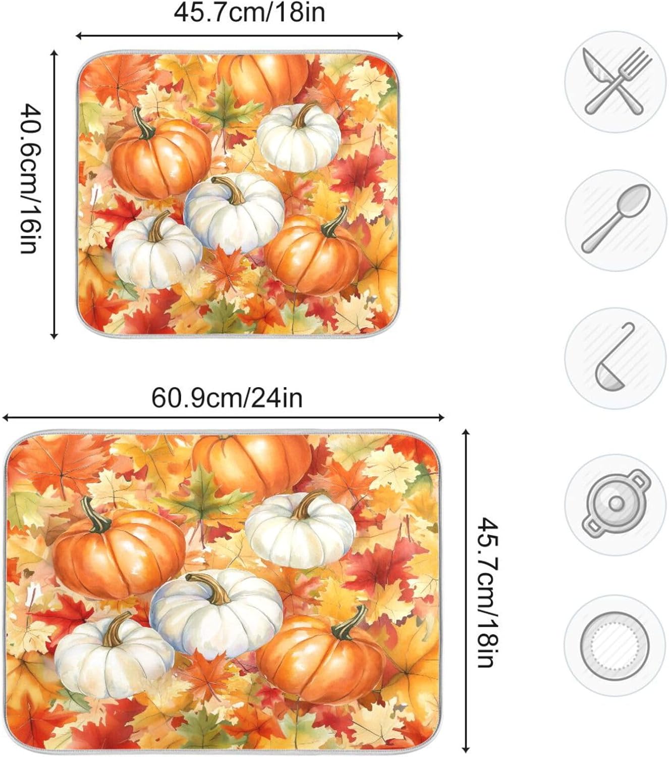Watercolor Pumpkins Autumn Leaves Dish Drying Mat for Kitchen Counter Super Absorbent Dishes Pad Reversible Microfiber Protector Dish Draining Mats 16x18 inch