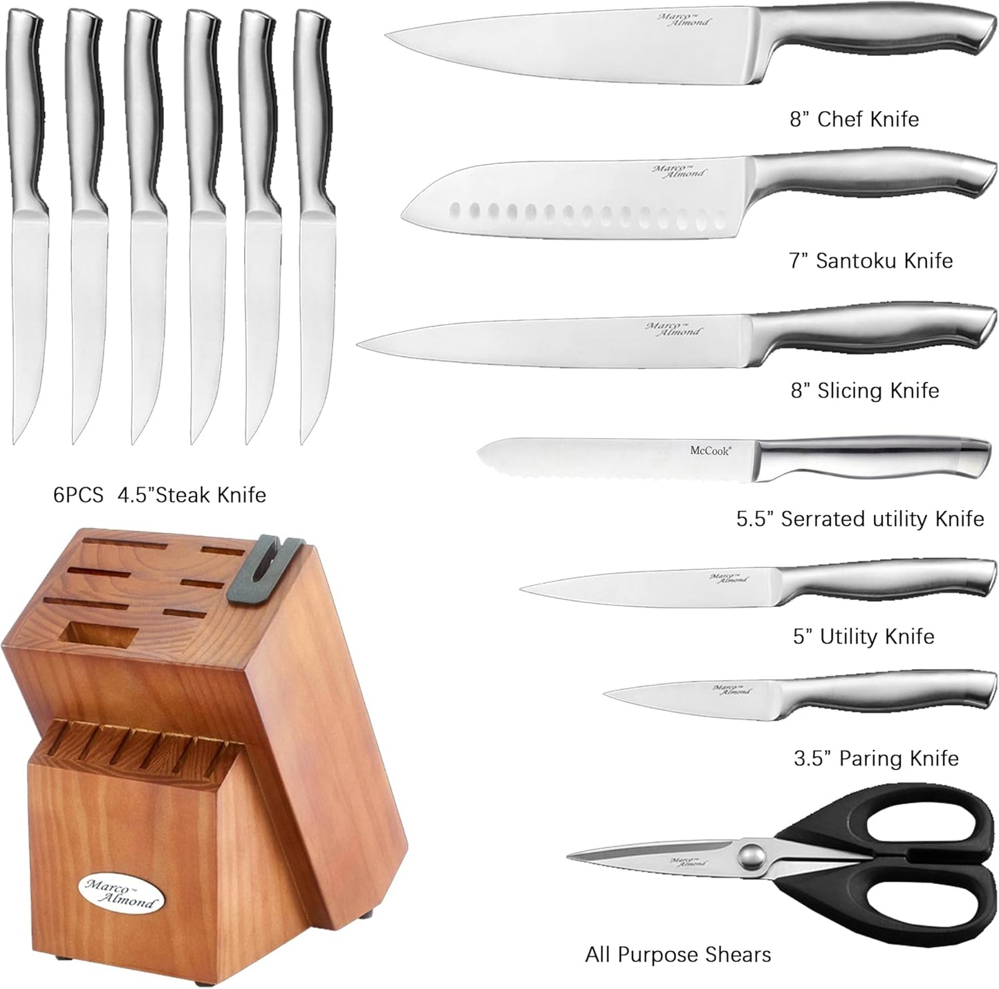Marco Almond® Knife Block Set, KYA26 Knife Set with Block, 14 Pieces Stainless Steel Chef Kitchen Knives with Built-in Sharpener