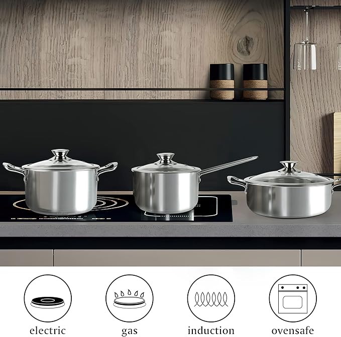 Wodillo 6Pcs Pots and Pans Set, Stainless Steel Pot Set, Nonstick Kitchen Cookware Set, Induction Pots Set with Stay-Cool Handle, Works with Electric and Gas Cooktops, Dishwasher Safe