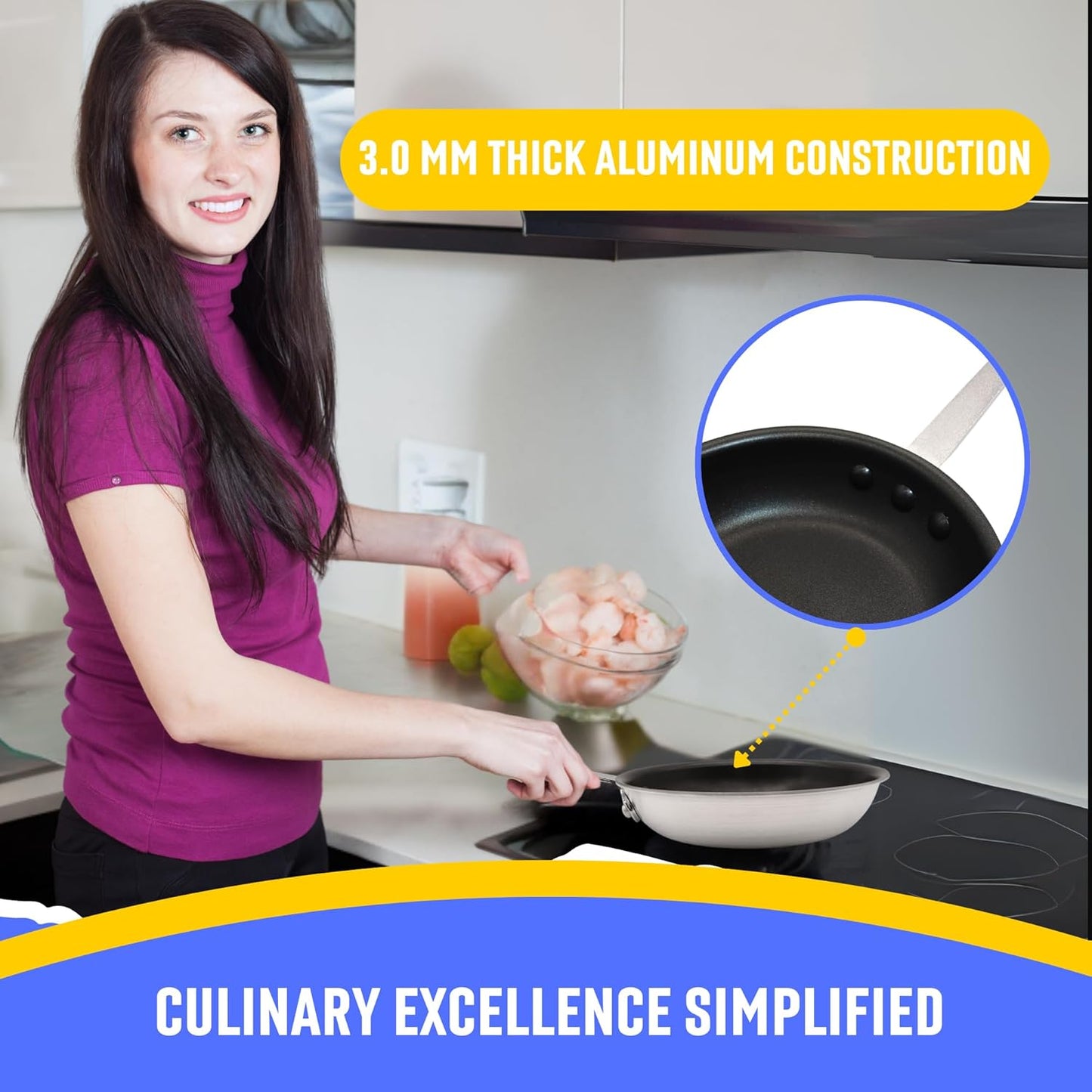 FSE 8" Professional Aluminum Fry Pan, Non-Stick Open Skillet, 3.0 mm Thick Aluminum Construction