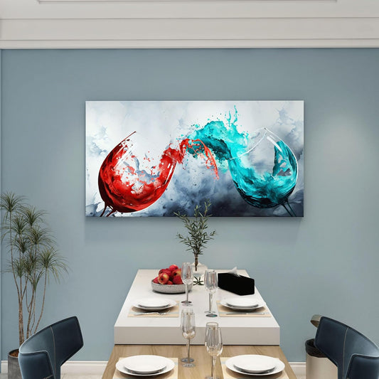 Pogusmavi Dining Room Wall Art Wine Glass Canvas Wall Pictures Kitchen Art Wall Decor Blue & Red Wine Cups Painting Modern Wall Art for Living Room Office Artwork Wall Decor 24x48IN