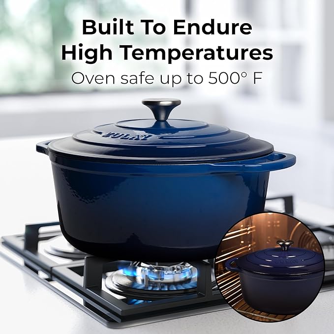 Zulay Kitchen 6 Quart Enameled Cast Iron Dutch Oven Pot with Lid – Premium Durability & Oven Safe up to 500°F – Heavy Duty Cookware Perfect for Bread Baking, Stews, Braising & Roasting – Blue