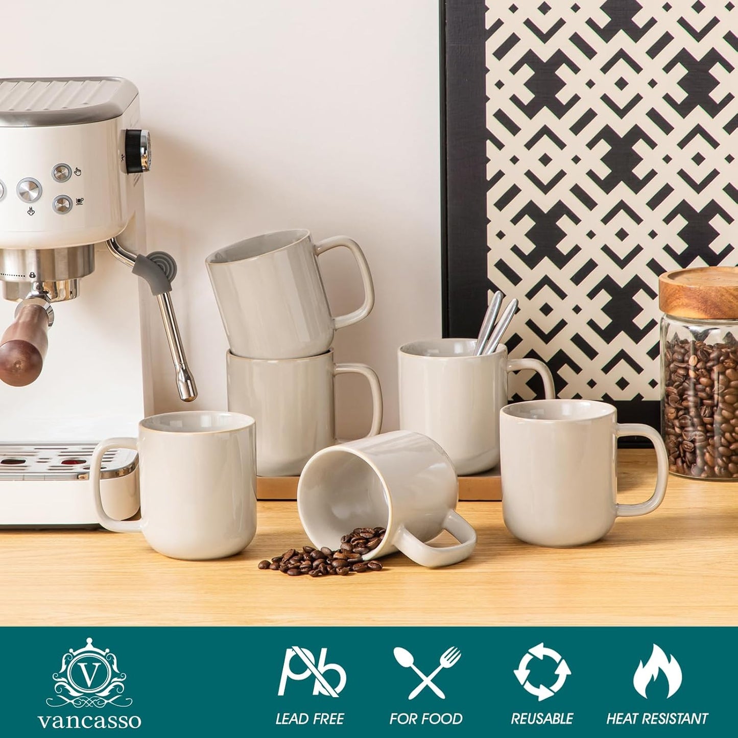 vancasso Coffee Mugs Set of 6, 12 Oz Ceramic Coffee Cups with Handle, Ceramic Unique Glaze Coffee Cup for Cappuccino, Latte, Tea, Cocoa, Dishwasher & Microwave Safe Gift Sets, Gray, Series PLAYA