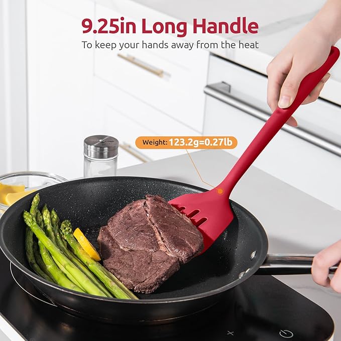 600ºF Heat Resistant Slotted Turner: U-Taste 13.6in Silicone Kitchen Spatula Flipper, 3.74in Wide Food Grade Flexible Thin Rubber Cooking Utensil for Egg, Pancake, Cookie in Nonstick Cookware (Red)