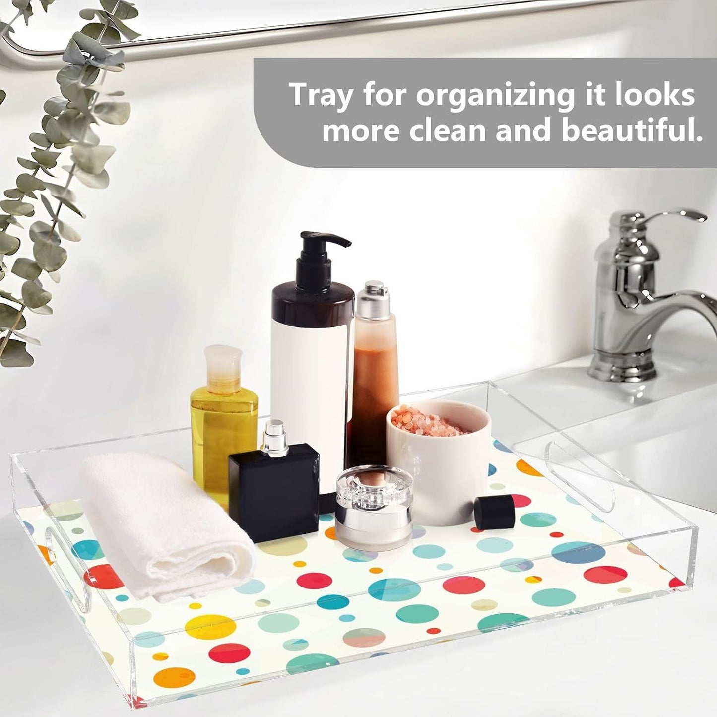 Acrylic Serving Tray with Handles Spill Proof Kitchen Storage Tray Clear Decorative Tray Makeup Drawer Organizer Storage Tray for Bathroom Living Room Ottoman 15.7x11.8Inches