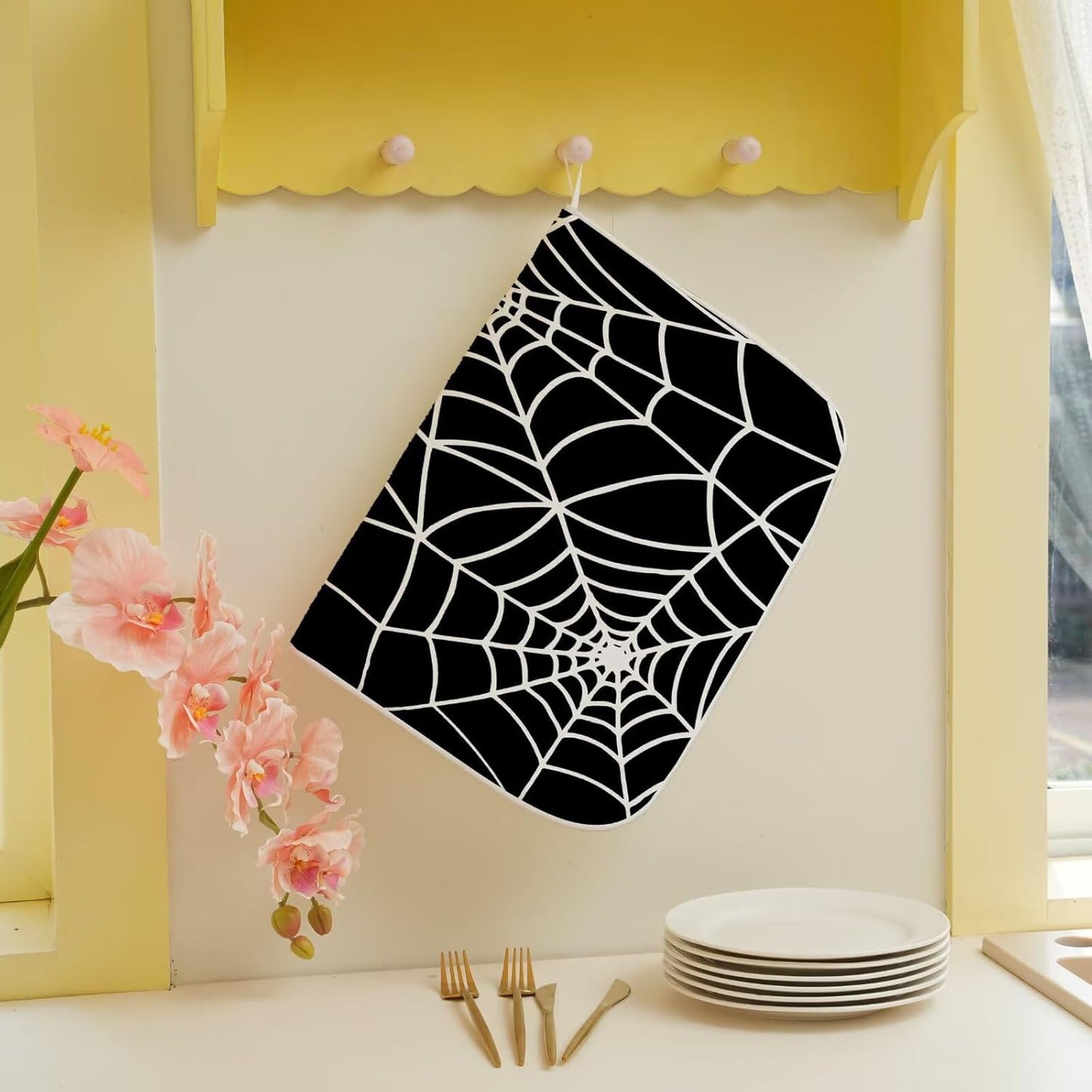 Halloween Spiderweb Dish Drying Mat 18 x 24 inch Halloween Scary Themed Black White Spider Web Decorative Drying Mats Microfiber Absorbent Dish Washable Draining Mat for Kitchen Counter