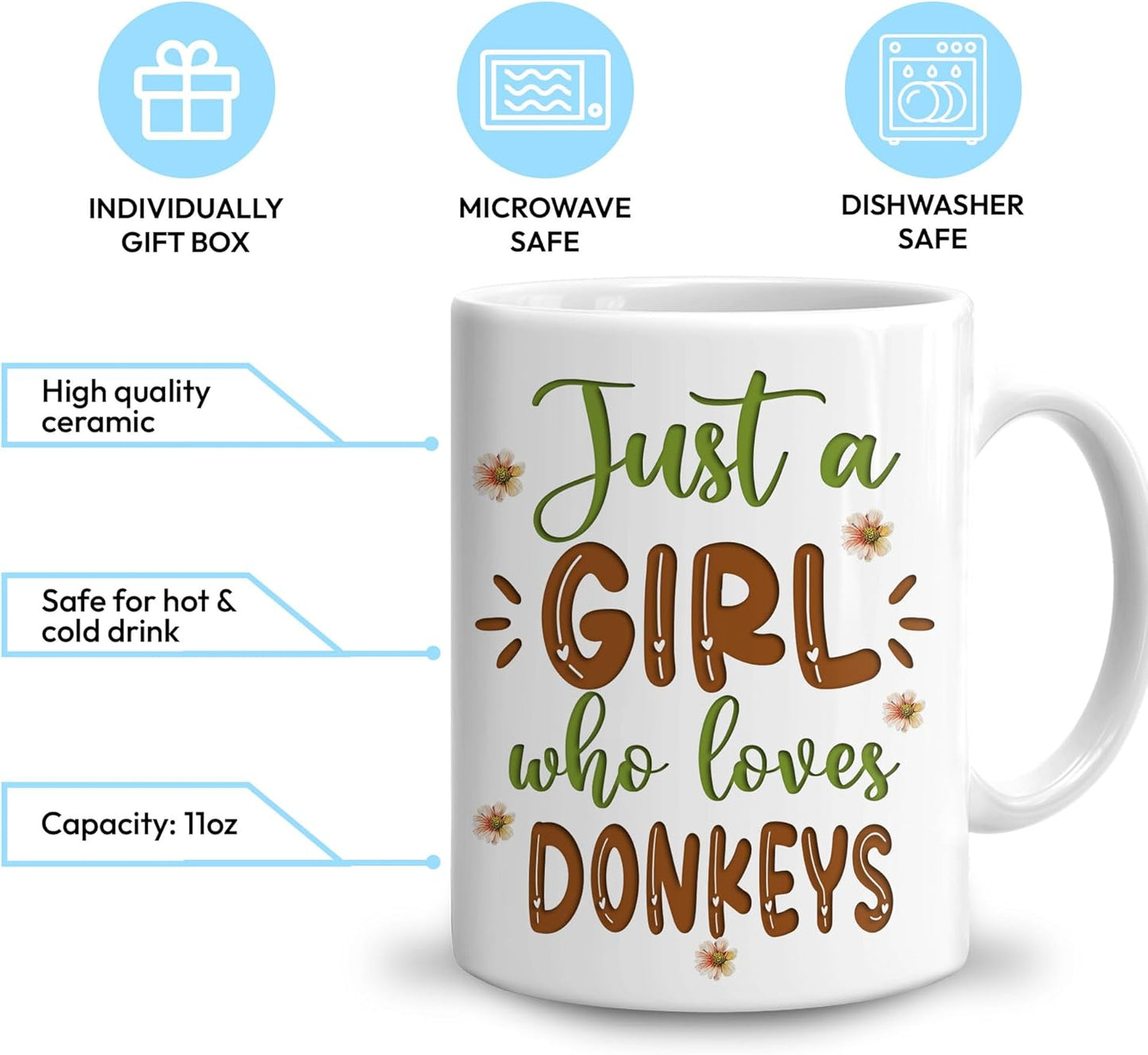 Hyturtle Personalized Gifts Donkey Lover - Just A Girl Who Loves Donkeys Custom Name Ceramic Coffee Mug Cup 11oz - Idea Cute Animal Lover Gifts For Women, Girl Daughter On Birthday, Christmas