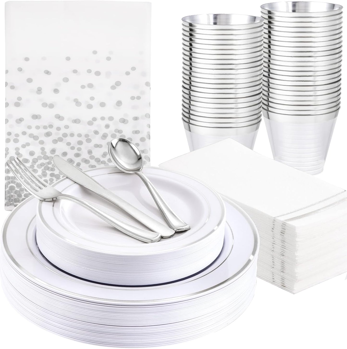 GATHER 176 Pieces Silver Plates - Disposable Silver Plastic Plates Includes 50 Plates, 75 Silverware, 25 Napkins, 25 Silver Rimmed Cups and 1 Tablecloth Perfect for Party & Weding