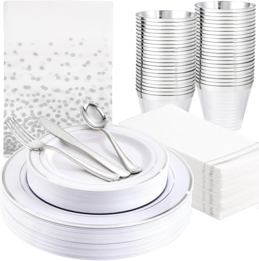 GATHER 176 Pieces Silver Plates - Disposable Silver Plastic Plates Includes 50 Plates, 75 Silverware, 25 Napkins, 25 Silver Rimmed Cups and 1 Tablecloth Perfect for Party & Weding