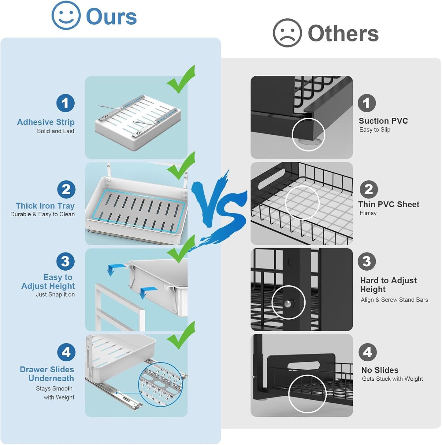 EVERIE Height Adjustable 2 Tier Metal Pull Out Slide Shelf Organizer for Framed or Frameless Under Sink Cabinets in Kitchen, Bathroom, with Snap-on Top Tray (White, 2 Sets)