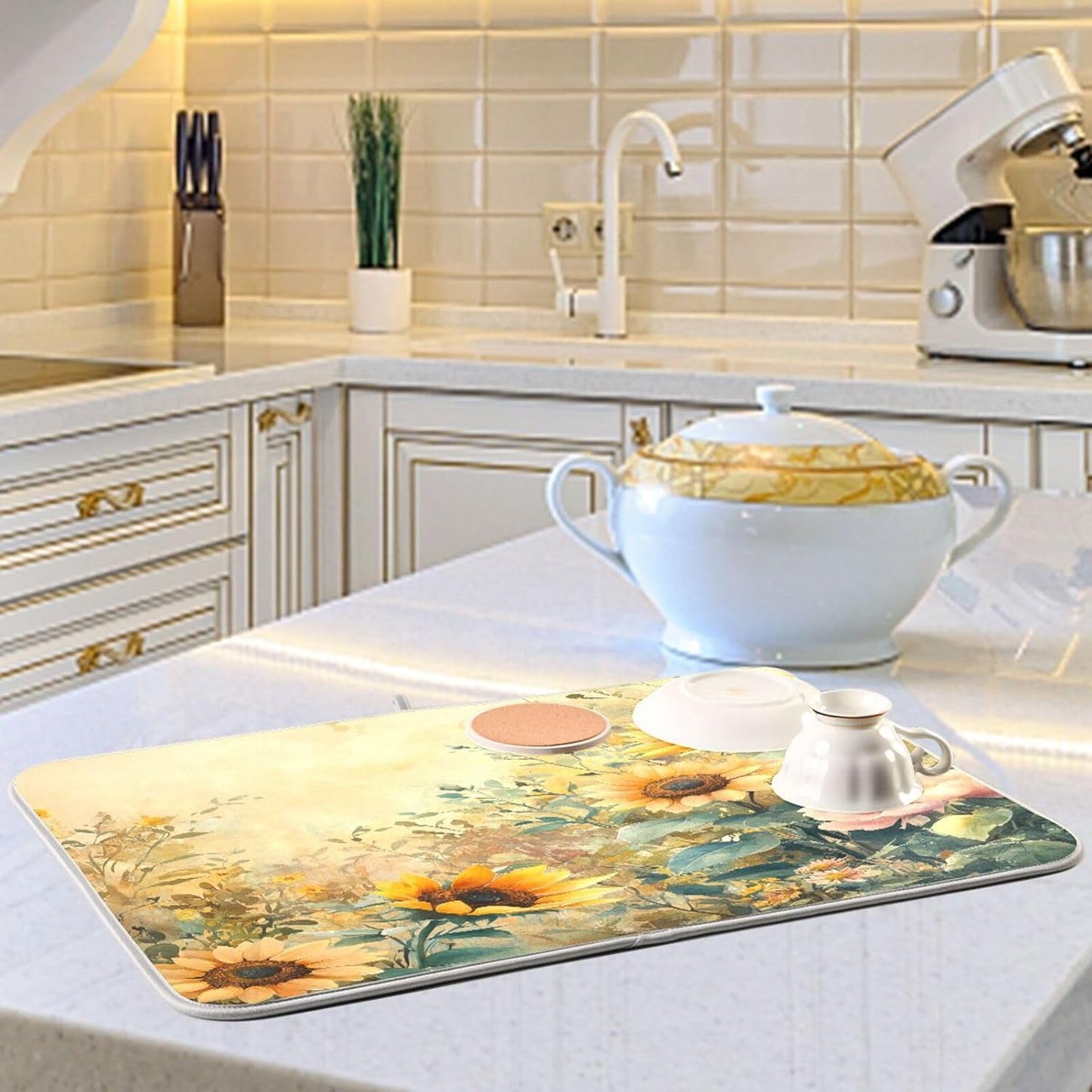 Vintage Floral Sunflowers Dish Drying Mat for Kitchen Counter Super Absorbent Dishes Pad Reversible Microfiber Protector Dish Draining Mats 16x18 inch