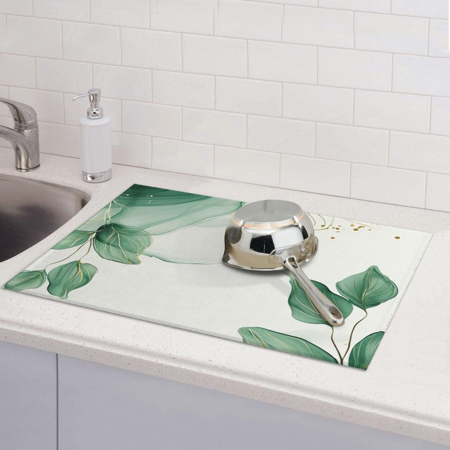 Watercolor Green Palm Leaves Dish Drying Mat 18x24 Inch, Microfiber Absorbent Fast Dry Mat Large Dish Mat Drying Kitchen Mat, Kitchen Drying Pad for Kitchen Counter Coffee Bar Decor Gifts