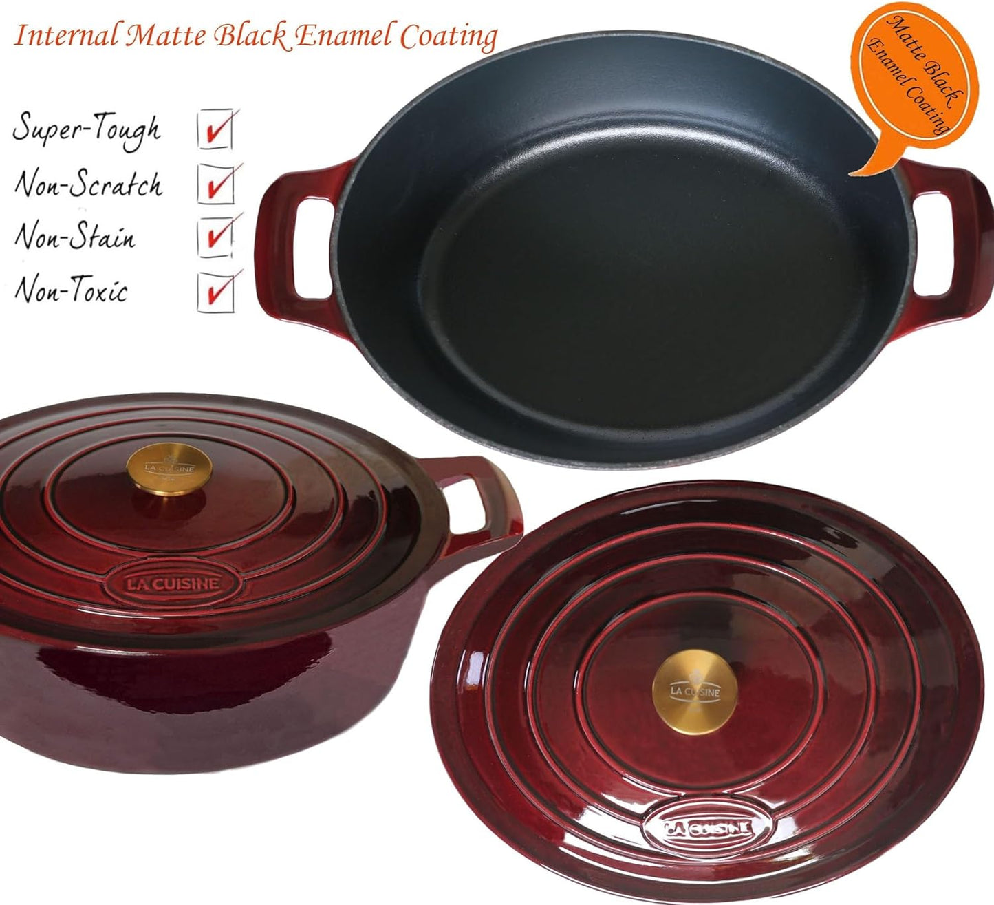 La Cuisine Enameled Cast Iron Oval Dutch Oven Casserole Dish Pot with Lid 5 QT Internal Matte Black Enamel Coating, Cranberry, Gold-Plated Stainless Steel Lid Handle, Oven Safe