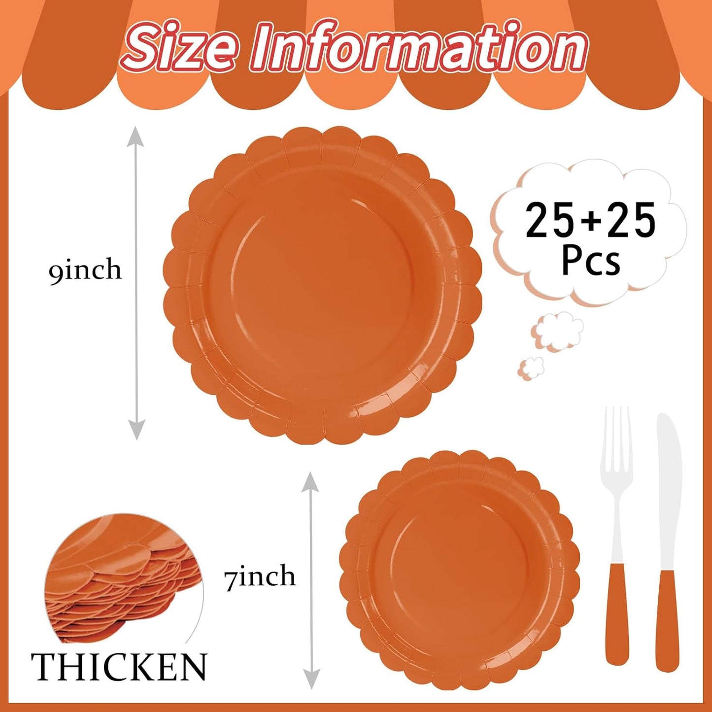 50 Pcs Orange Scalloped Paper Plates 25 × 7'' and 25 × 9'' Disposable Orange Scalloped Dinner Plates for Wedding Baby Shower Birthday Thanksgiving Party Fall Dessert Plate