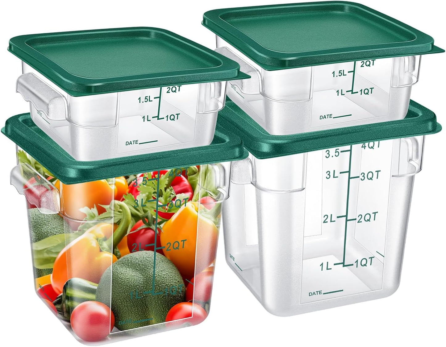 Barydat 4 Pcs Food Storage Container with Lids 2Qt and 4Qt Square Commercial Containers with Scales and Handles Polycarbonate Clear Food Storage for Kitchen Proof Dough Marinating Meat(Green)
