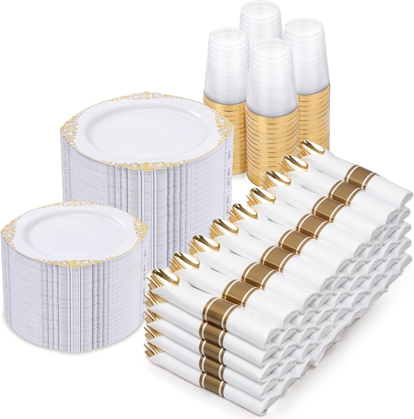 Nervure 700PCS Gold Plastic Plates - Gold Plastic Dinnerware Sets for 100 Guests - 200 Disposable Plates, 300 Silverware, 100 Cups, 100 Napkins for Wedding & Party & Thanksgiving