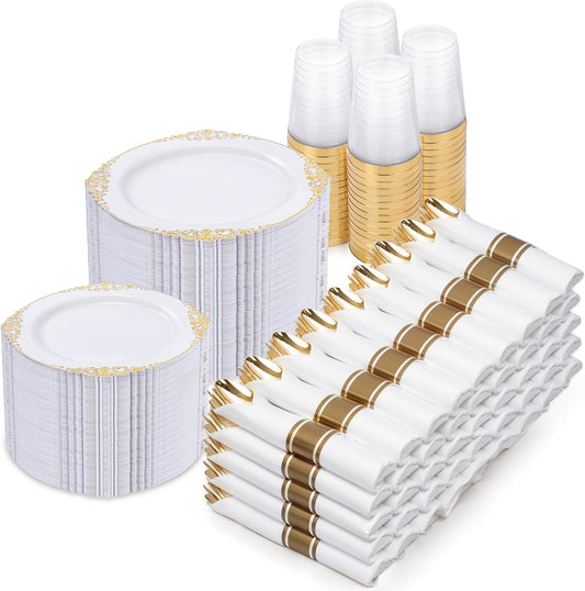Nervure 700PCS Gold Plastic Plates - Gold Plastic Dinnerware Sets for 100 Guests - 200 Disposable Plates, 300 Silverware, 100 Cups, 100 Napkins for Wedding & Party & Thanksgiving