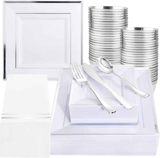 Festiva 350Pcs Silver Plates - Silver Square Plastic Plates 9 .5" and 6" - serve for 50 guests include 50 Cups 50Plastic Cutlery 50Hand Napkins Perfect for Party&Wedding&Birthday&Christmas