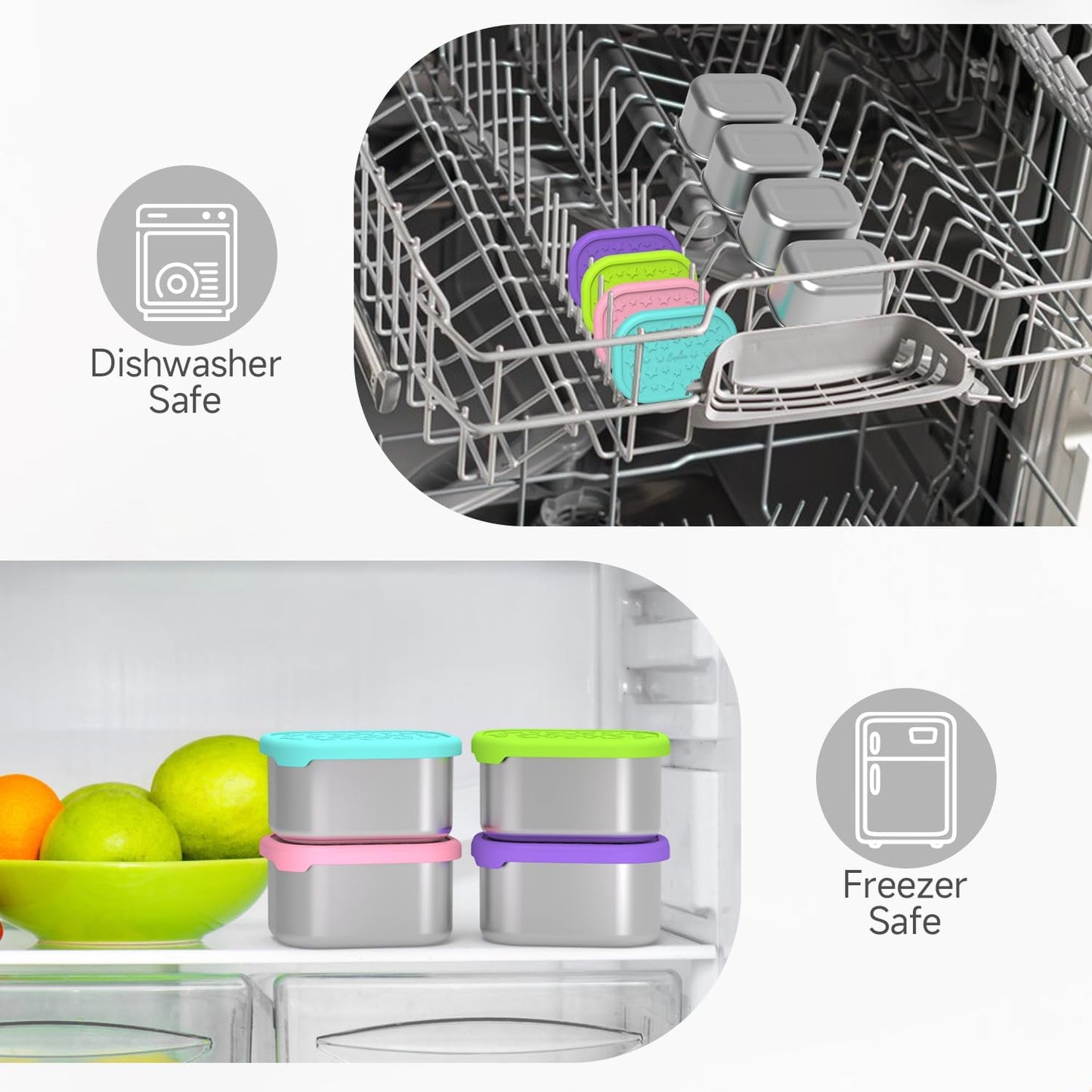 SOPHICO Stainless Steel Snack Containers for Kids, 8 oz Small Food Storage Container 1 Cup with Silicone Lid - Perfect 304 Metal Toddler Lunch Box for Daycare and School, Leak Proof (MIX, 4 PACK)