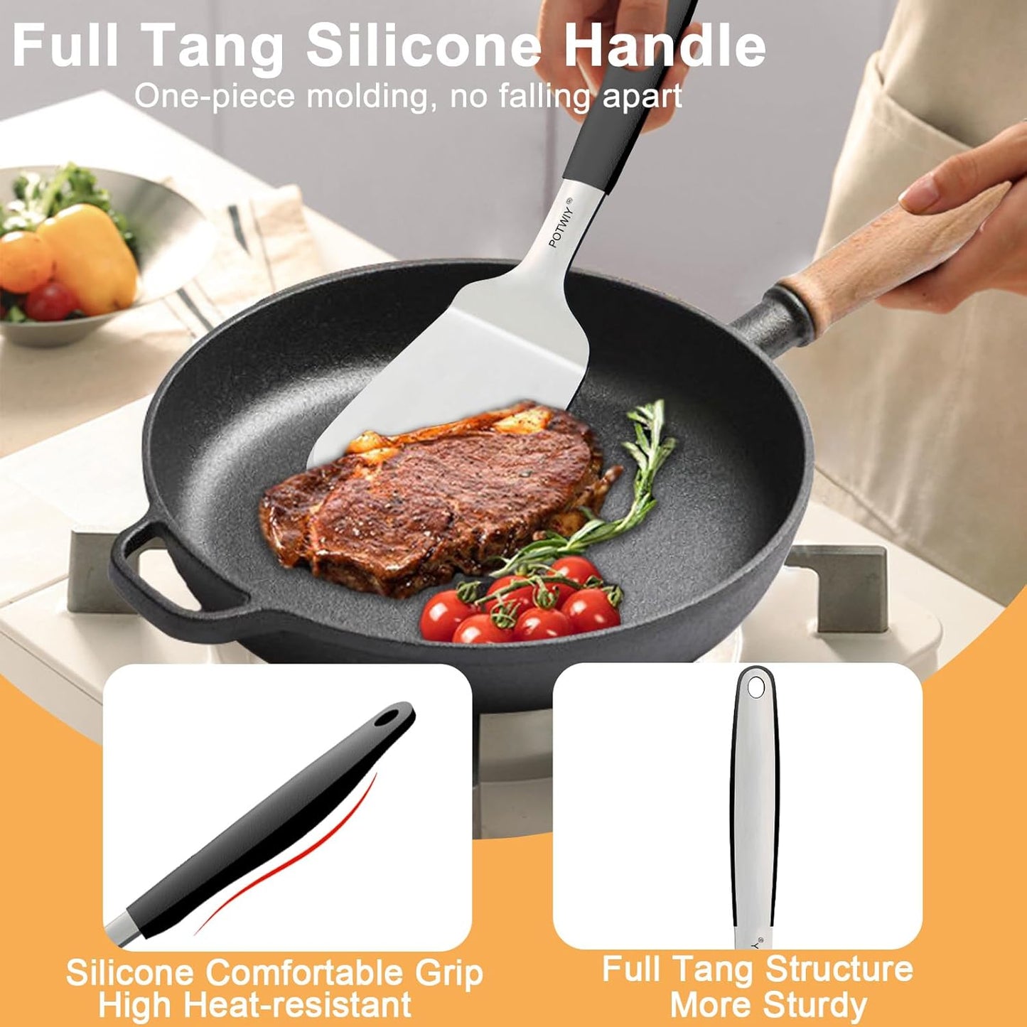 2-Piece Stainless Steel Spatulas Set, 13.3" & 11.3" Metal Spatula for Cooking Cast Iron Skillet and Flat Top Grill, Heavy Duty Turner with Silicone Handle for Flipping Steak, Burgers, Pancake