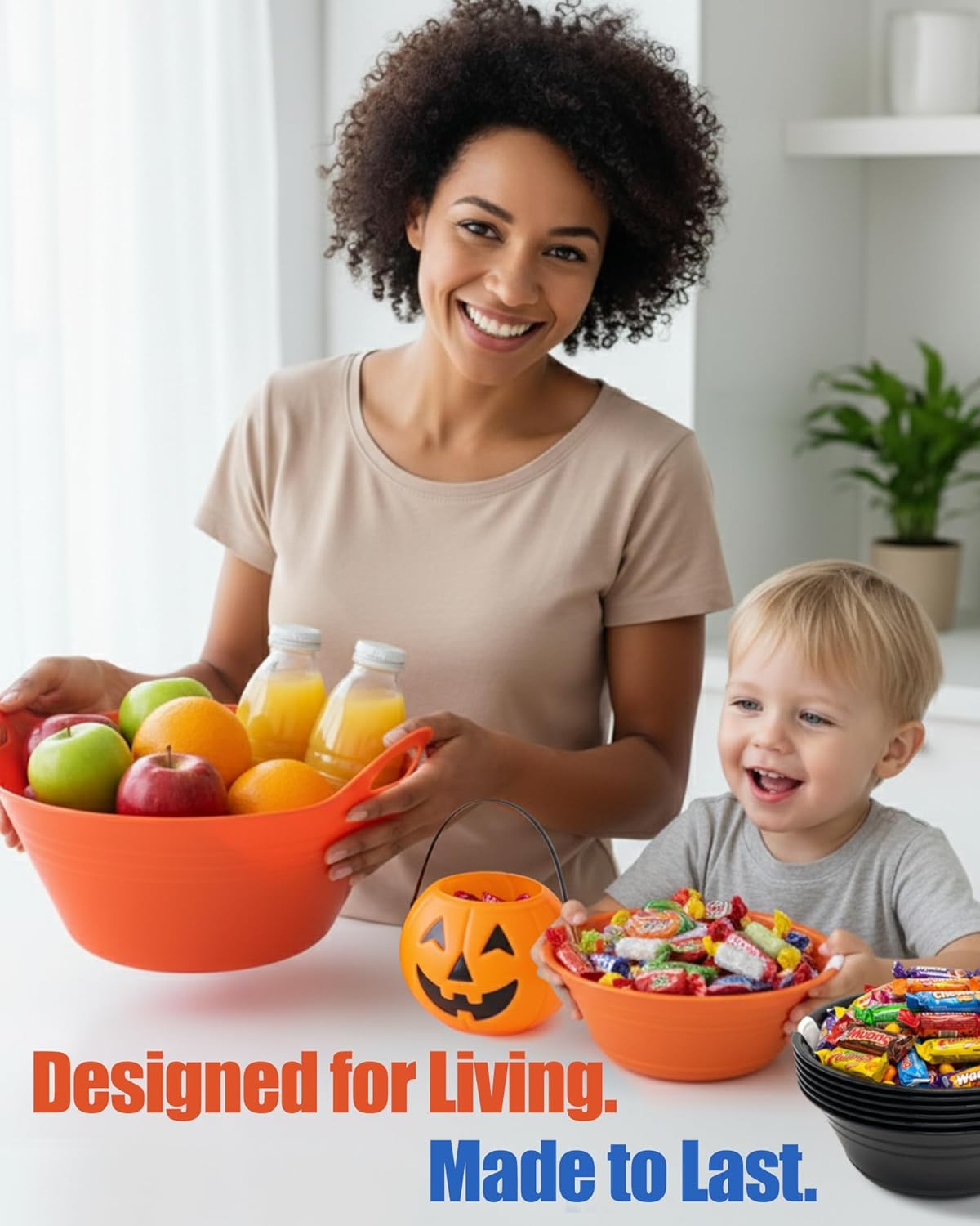 Mintra Home Plastic Bowls with Handles (1.8L Medium 2pk, Orange)