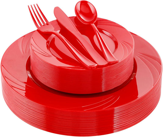 YOUBET 125Pieces Red Plastic Plates - Heavy Duty Disposable Silverware - Include 50 Plates 25 Forks 25 Knives 25 Spoons - Perfect for Christmas & Party