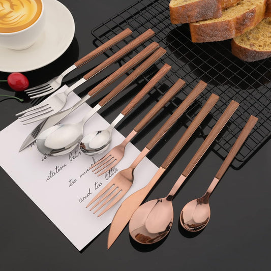 JASHII Wood Handle Flatware Set, 20 Pieces Stainless Steel Silverware Cutlery Set, Mirror Polished, Square Knife Fork Spoon Set, Dishwasher Safe - Korean Style Rose Gold