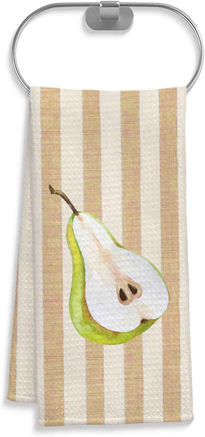 Pear Fruit Kitchen Towels, Beige Striped Pear Dish Tea Towels for Kitchen Decor, Gifts for Fruit Lovers Decorative Hand Towel, 16x24 Inch