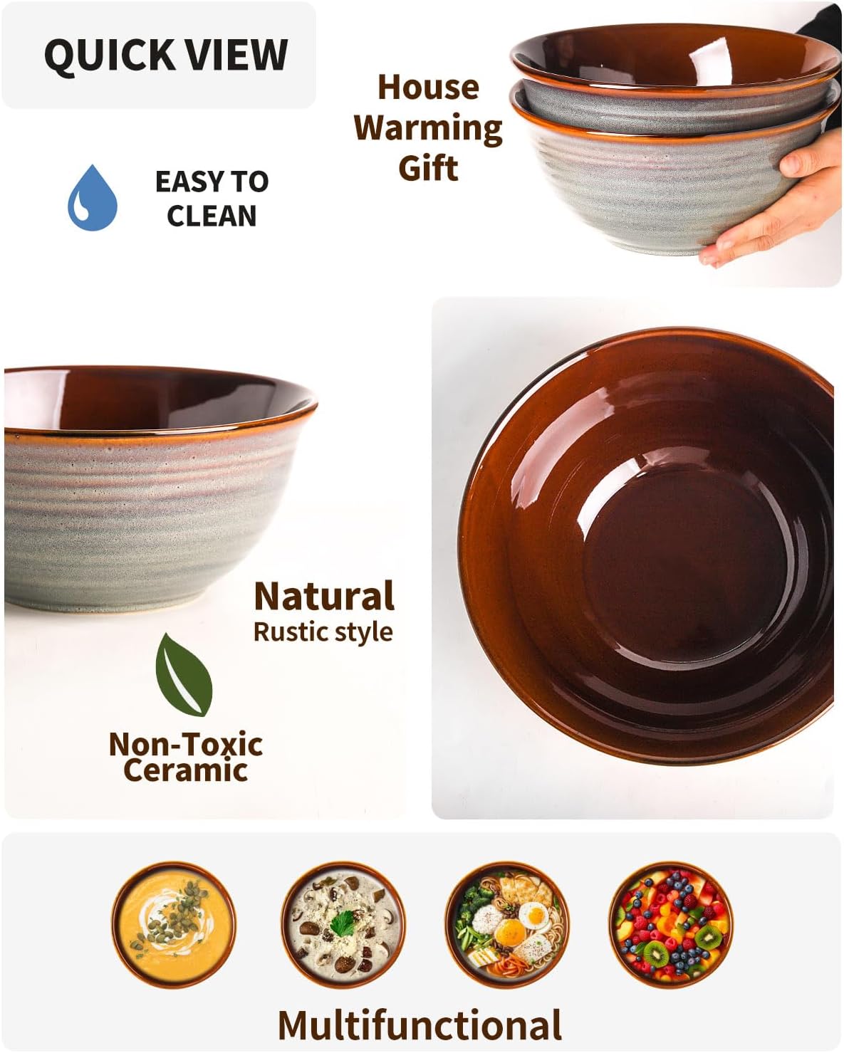 Hasense Serving Bowls, 84 Ounce Ceramic Serving Dishes for Salad Pasta Soup Pho, 9 Inch Mixing Bowls for Baking, Cooking, Kitchen, Party，Dinner, Microwave Dishwasher Safe, Set of 2, Light Grey