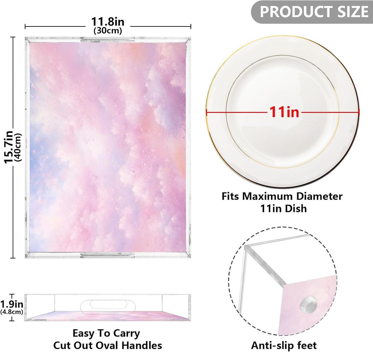 Plastic Food Serving Tray Decorative Vanity Trays for Bathroom Pink Sky Coffee Table Kitchen Counter 11.8 * 15.7in