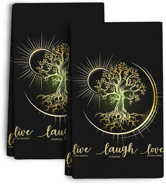 Live Laugh Love Kitchen Towels Decorative Set of 2, Absorbent Tree Life Tea Towels Hand Towels for Kitchen,Hippie Witchy Kitchen Decor Aesthetic,Cute Moon Dish Towels for Kitchen Drying