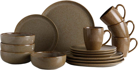 Corona 16–piece Unique Finish Earth-Toned Ceramic Dinnerware Sets, Plates, Bowls and Mugs, Service For 4, Wind