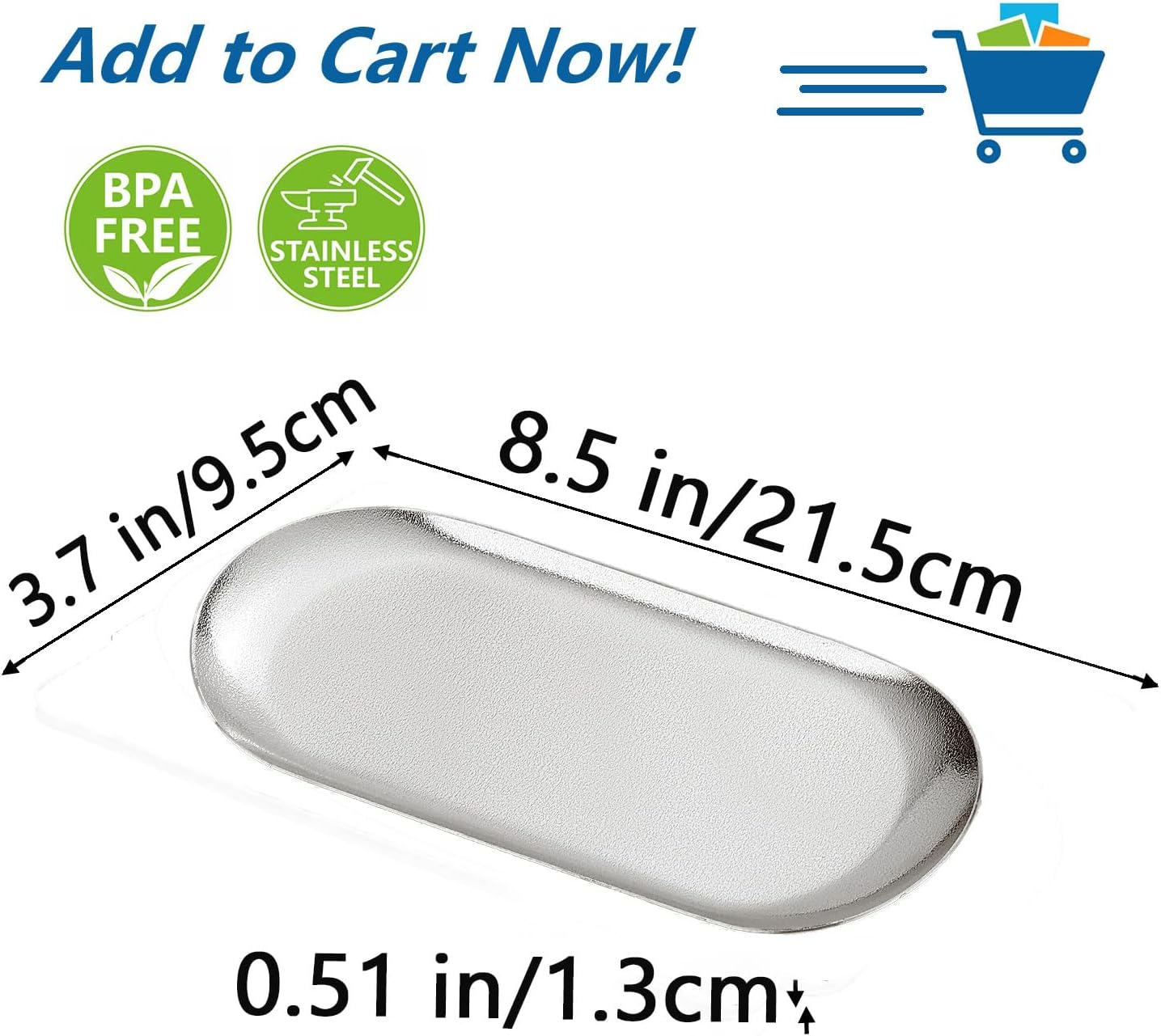 8.5X3.7 inch ellipse Appetizer Plates,thick stainless steel Dinner Plates, Pasta Dessert Plates for Sushi, Fruit oven/Dishwasher Safe, Set of 4,silver