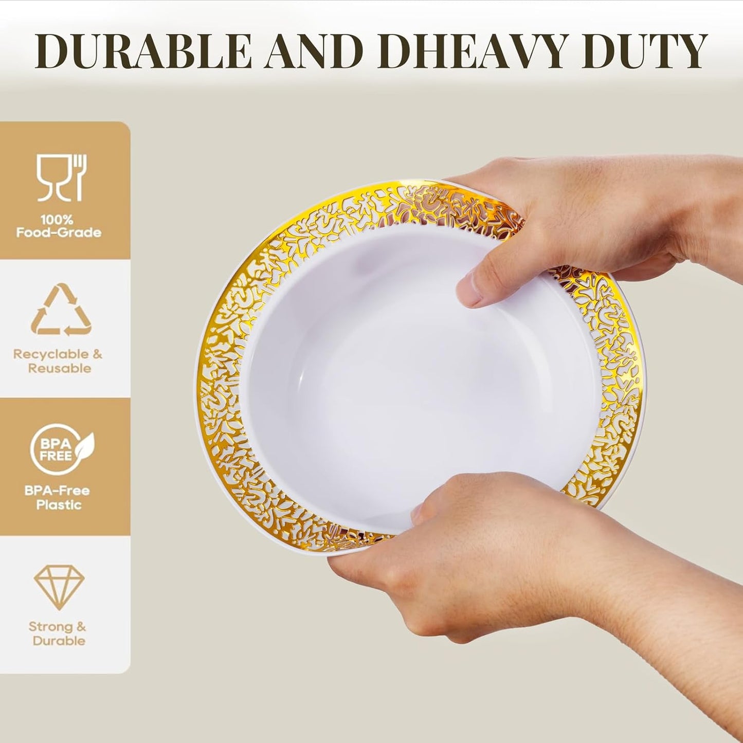 I00000 100 Disposable Gold Plastic Bowls, 12 oz Disposable Bowls, Lace Christmas Thanksgiving Trim, Premium Heavy Duty Plastic Bowl for Party