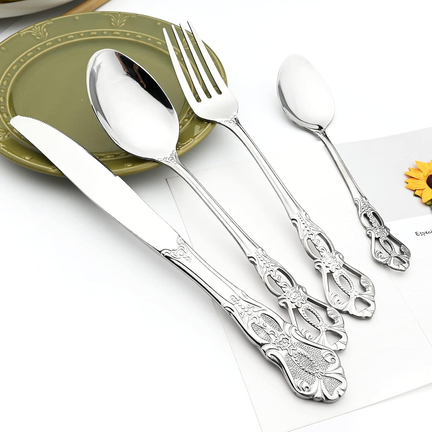 Royal 24-piece Mirror Silver Silverware Dinnerware, 18/10 Stainless Steel Luxury Flatware Service For 6 Include Knives/Forks/Spoons/Teaspoons, Dishwasher Safe