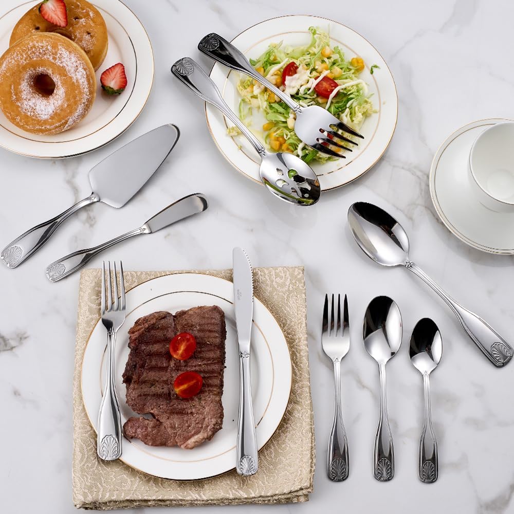 45 Pieces Silverware Set with Serving Utensils, Stainless Steel Flatware Serving Set for 8, Dinnerware Cutlery Set, Shell Pattern & Mirror Polished, Dishwasher Safe