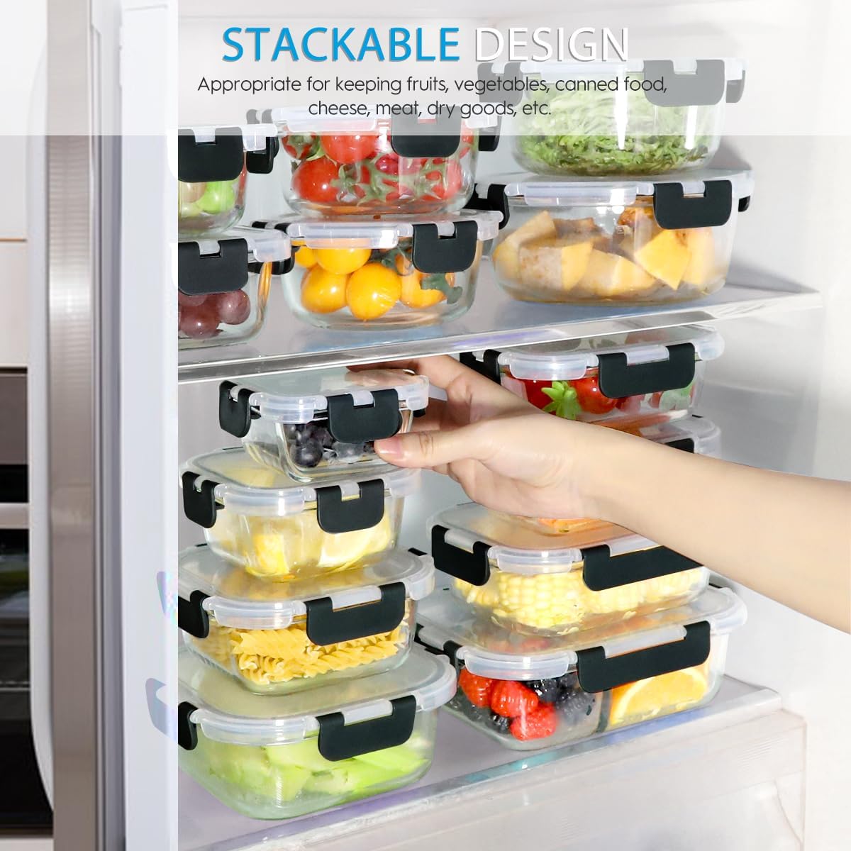 42pcs Glass Food Storage Containers with Snap Locking Lids Set, Glass Meal Prep Containers (21 Container & 21 Lids),Leak Proof Lunch Containers BPA-Free,Black