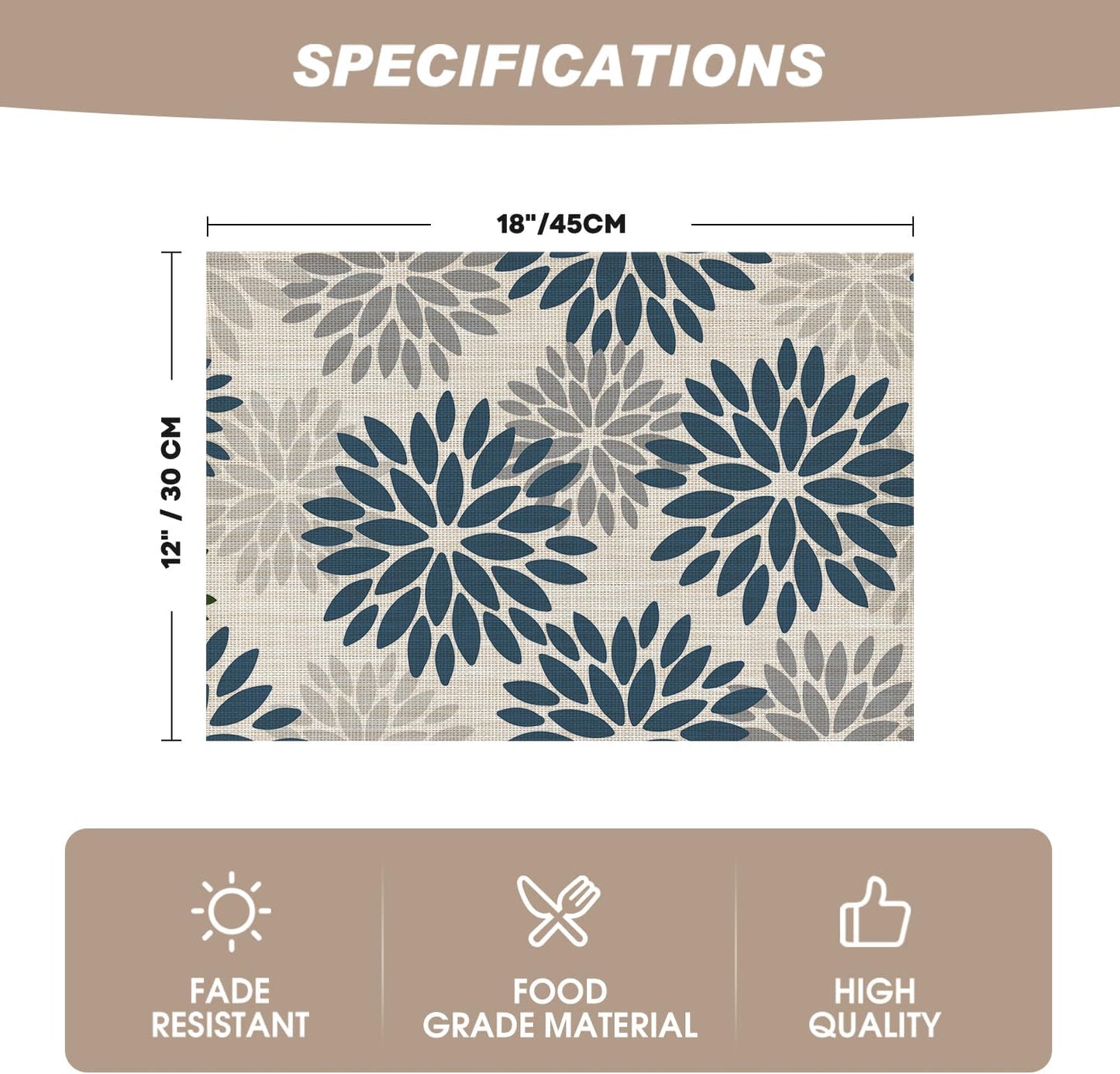 Artoid Mode Floral Vinyl Plistic Placemats Set of 6, Heat Resistant Washable Non-Slip PVC Place Mats for Party Kitchen Dining Decor, Blue Grey