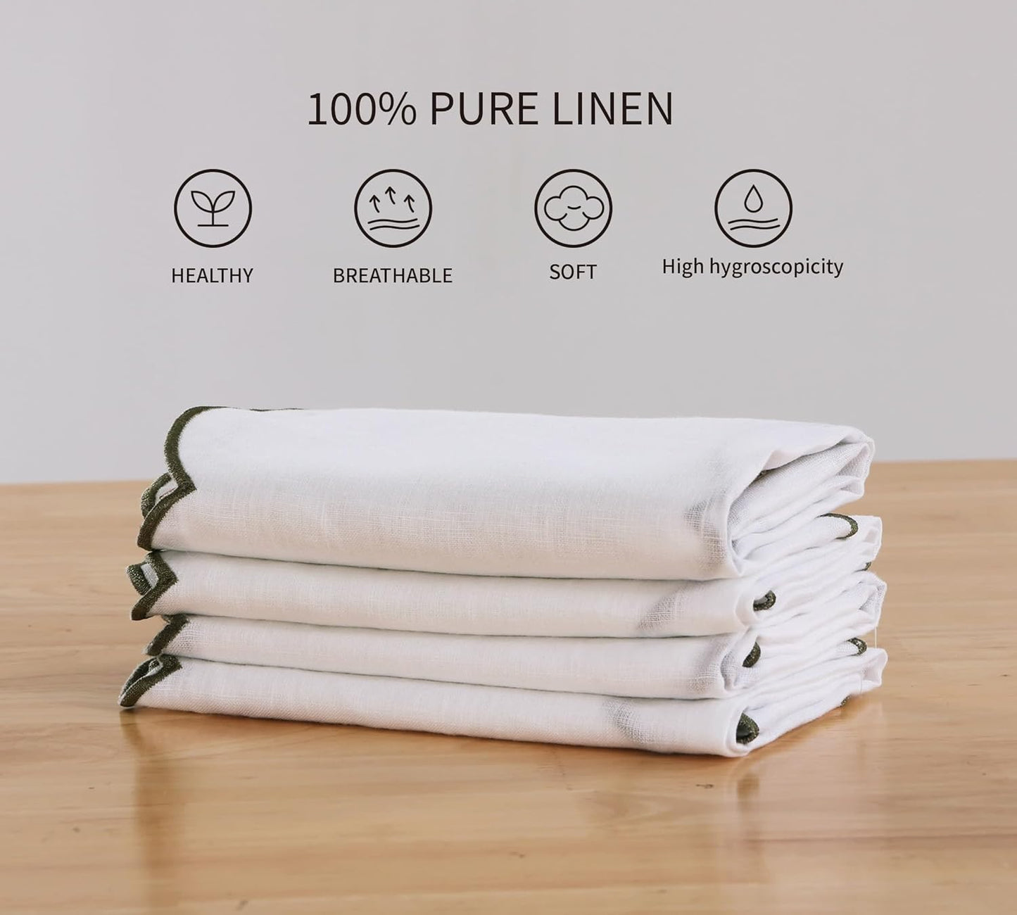 100% French Flax Linen Cloth Napkins Scalloped Embroidery 20’’x20’’ for Dinners, Parties, Weddings, Decorative Halloween, Spring, Easter, Set of 4 Pcs,White(Edges-Green)