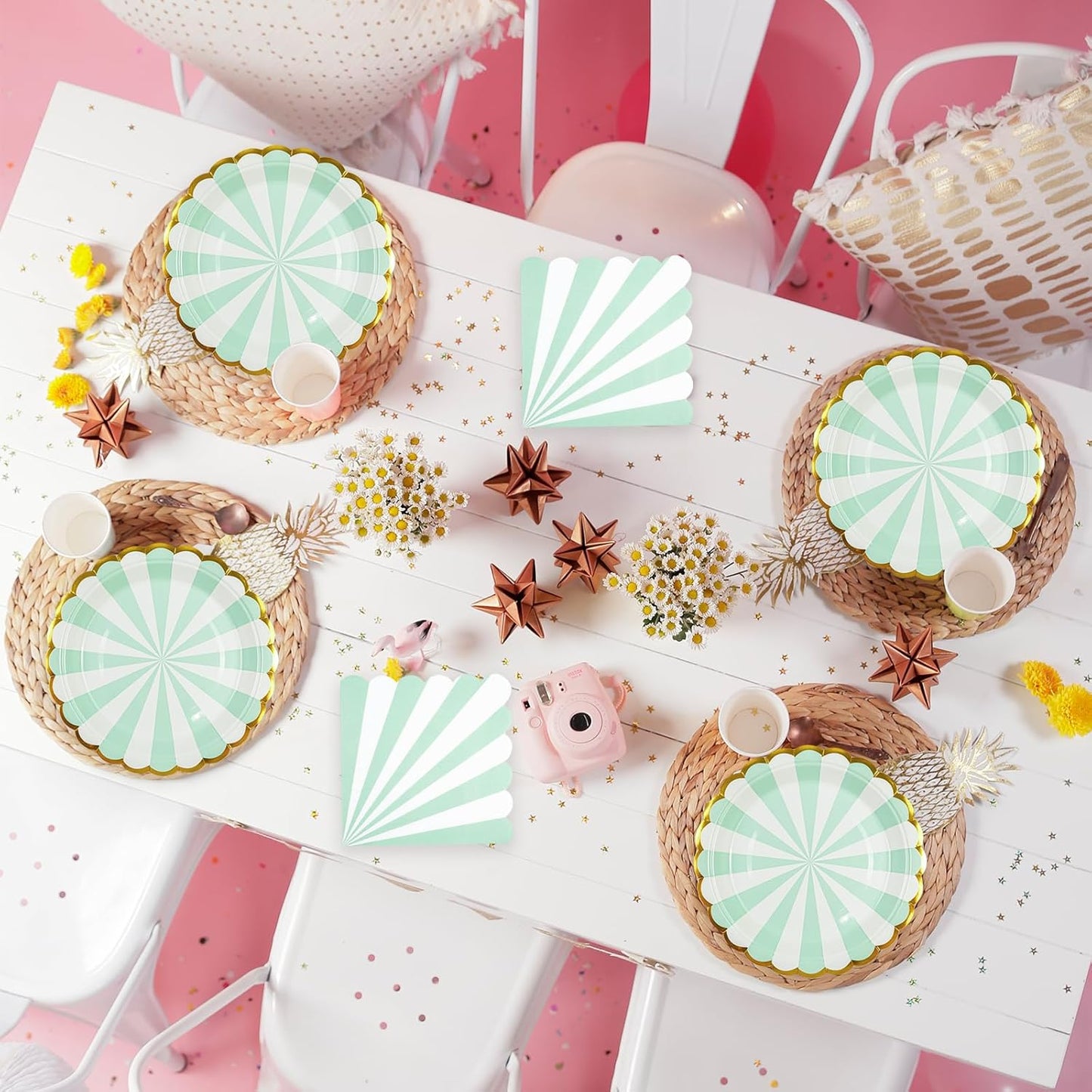 72PCS Sage Green Paper Plates and Napkins Party Supplies, Gold Foil Edge Scalloped Striped Plates Napkins Disposable Tableware Set for Birthday Wedding Baby Shower Party Decoration (Green)