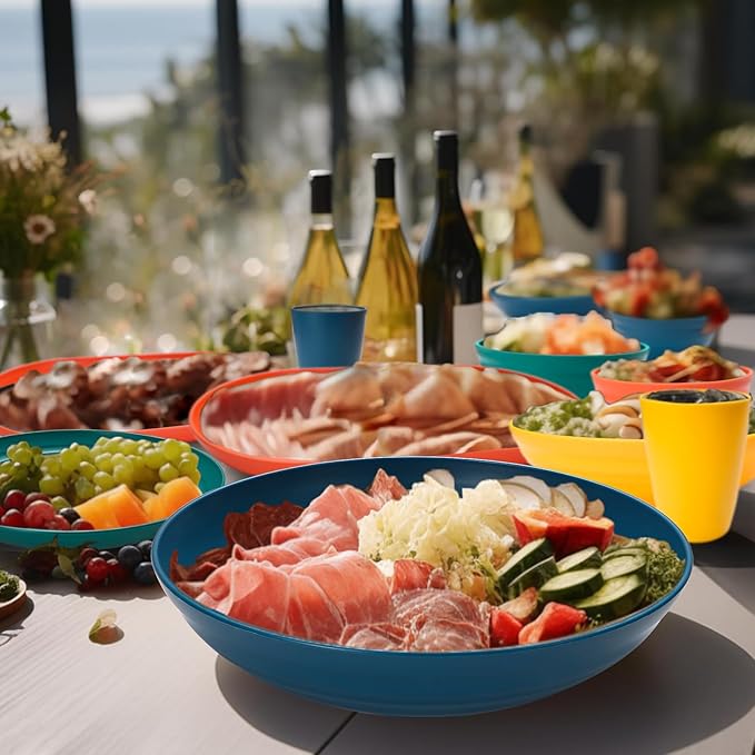 Lazycorner 32Pcs Kitchen Wheat Straw Dinnerware Set, Service for 8, Plastic Reuasble Dinner Dishes Serving Plate Set for Kitchen, Including Dinner Plate, Dessert Plate, Bowl, Cup(Multicolor)