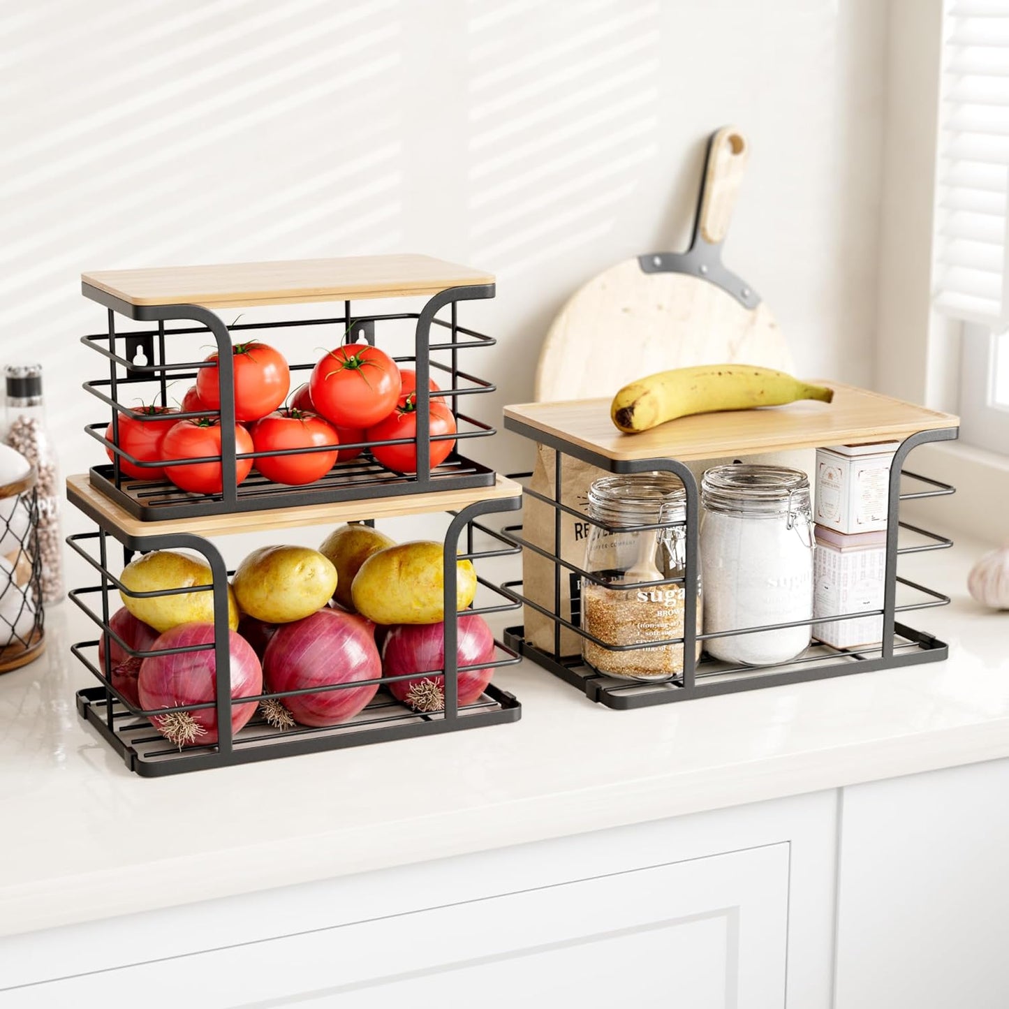 3 Pack Stackable Pantry Organizer,Stainless Steel Trash Bag Holder Dispenser,Kitchen Storage Organization for Kitchen Counter Sink,Laundry Room,Pantry, Black