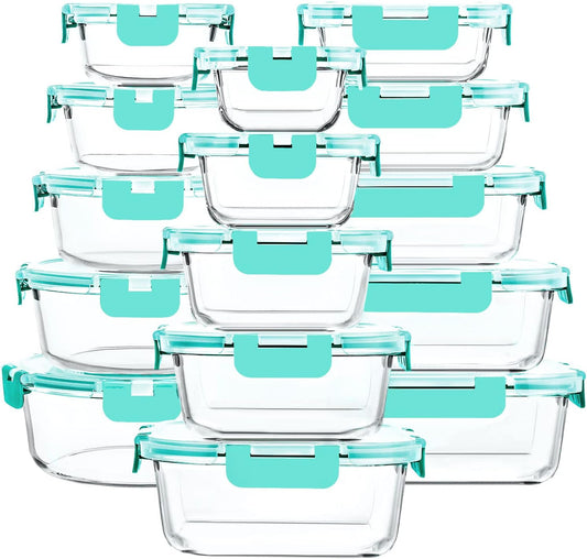 30 Pieces Glass Food Storage Containers with Upgraded Snap Locking Lids,Glass Meal Prep Containers Set - Airtight Lunch Containers, Microwave, Oven, Freezer and Dishwasher Friendly (Green)